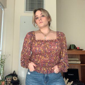 Mesh Floral Smocked Long Sleeve Top